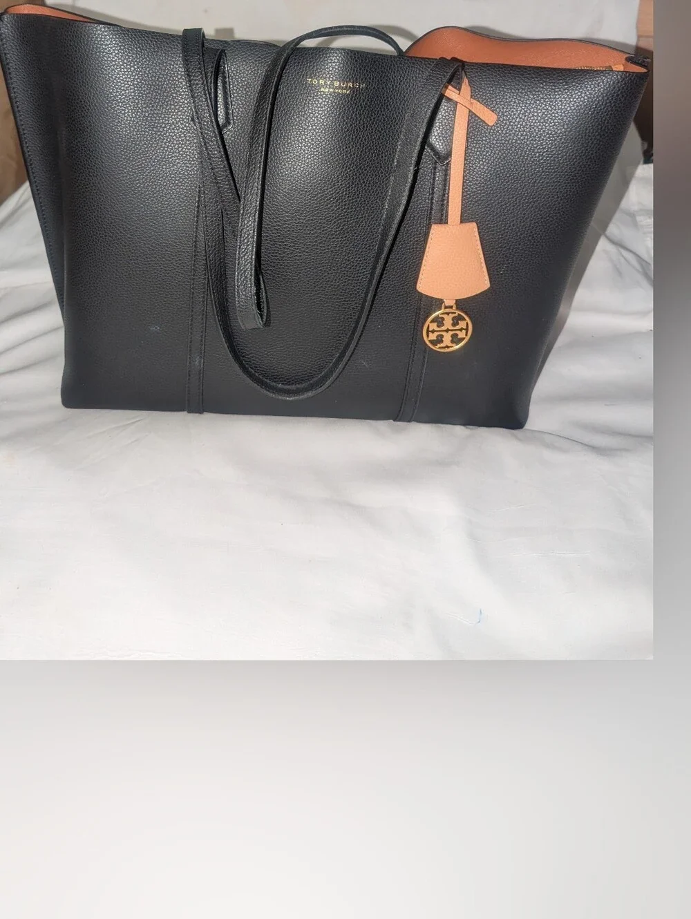 Tory Burch Perry Compartment Black Leather Tote with Tan Charm